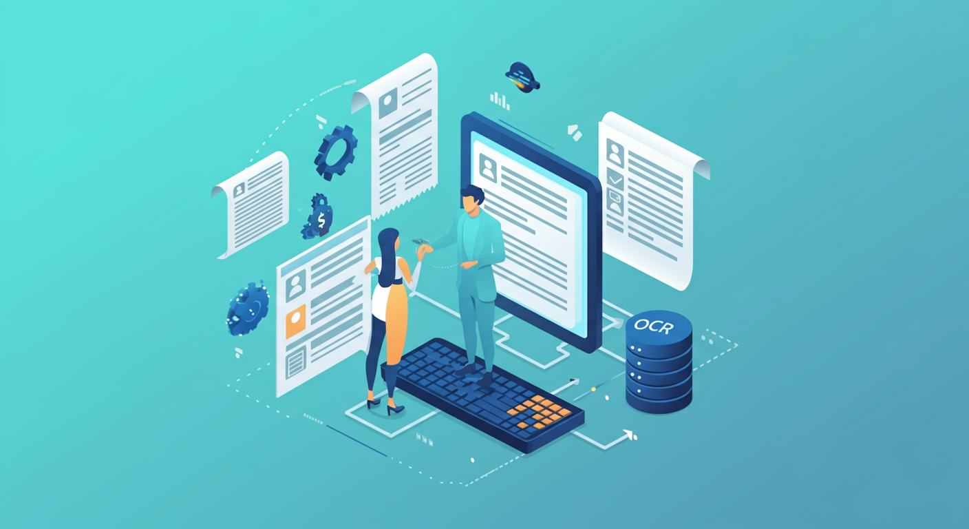 AI Agents for Data Entry and Processing - abstract illustration of AI extracting data from invoices and forms into a database